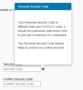 Screenshot of Credit Center Personal Security Code