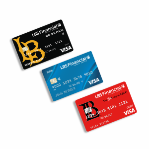 Blue Standard LBS Financial Visa Debit Card and Black CSULB Go Beach Visa Debit Card